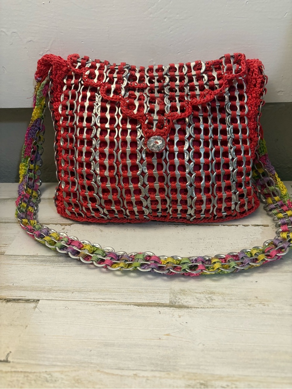 Red Crochet Chain-Detail Crossbody Bag made out of can tops